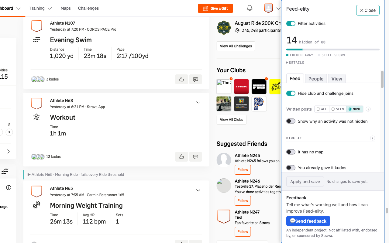 A Strava feed with the Feed-elity settings panel open on the right. The panel reads 14 hidden of 80, with toggles for hiding club and challenge joins and activities you already gave kudos. In the feed, one filtered activity is folded to a single line: Athlete N65, Morning Ride, fails every Ride threshold.