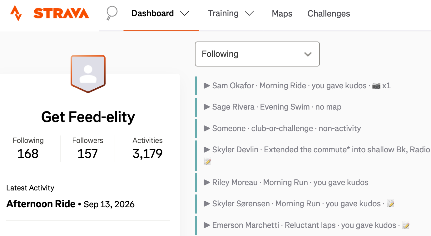 A Strava feed after Feed-elity, with every activity I already gave kudos to folded into a single line