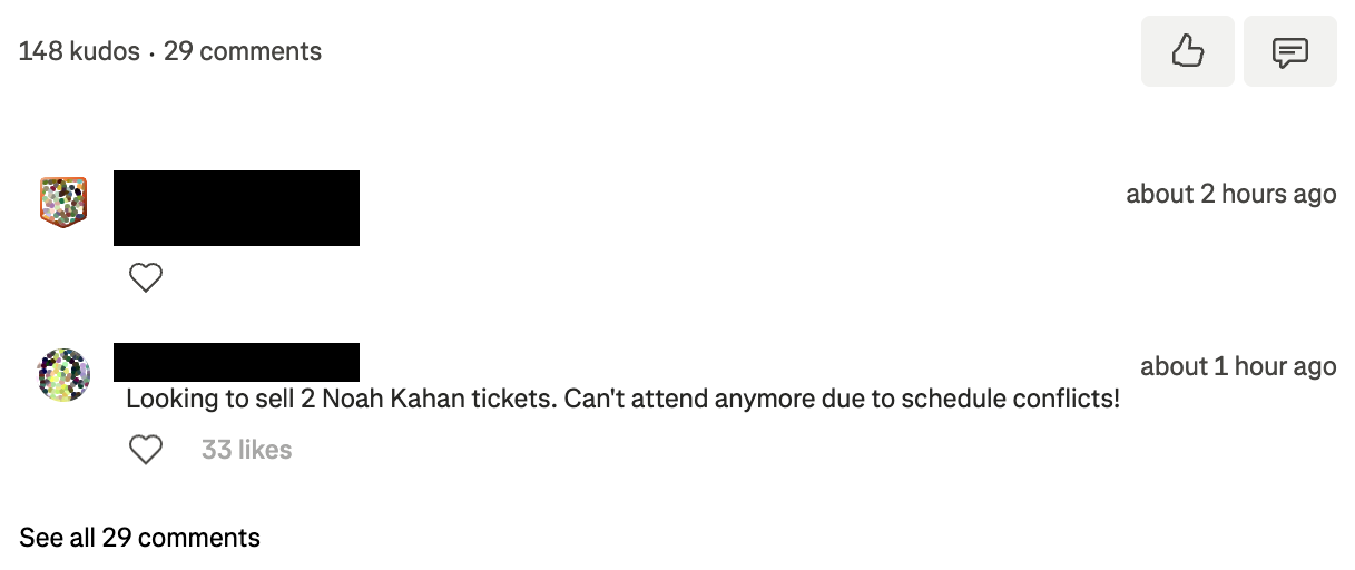 A Strava club post from a stranger: "Looking to sell 2 Noah Kahan tickets. Can't attend anymore due to schedule conflicts!" 33 people gave it kudos. The usernames are redacted.