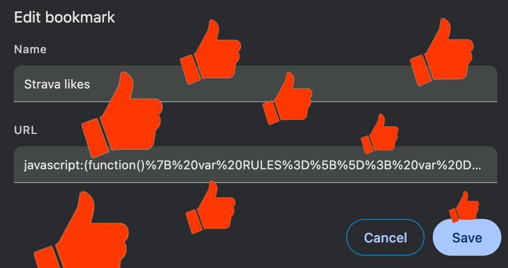 A Chrome browser bookmark screen, showing the truncated source code for the script I used, entitled 'Strava likes'.